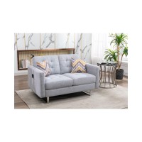 Lilola Home Victoria Light Gray Linen Fabric Loveseat With Metal Legs, Side Pockets, And Pillows