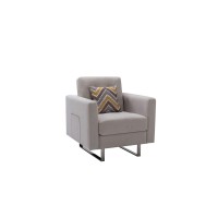 Lilola Home Victoria Beige Linen Fabric Armchair With Metal Legs, Side Pockets, And Pillow