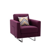 Lilola Home Victoria Purple Linen Fabric Armchair With Metal Legs, Side Pockets, And Pillow