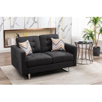 Lilola Home Victoria Dark Gray Linen Fabric Loveseat With Metal Legs, Side Pockets, And Pillows