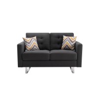 Lilola Home Victoria Dark Gray Linen Fabric Loveseat With Metal Legs, Side Pockets, And Pillows