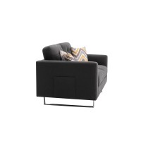 Lilola Home Victoria Dark Gray Linen Fabric Loveseat With Metal Legs, Side Pockets, And Pillows