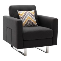 Lilola Home Victoria Dark Gray Linen Fabric Armchair With Metal Legs, Side Pockets, And Pillow