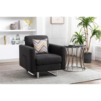 Lilola Home Victoria Dark Gray Linen Fabric Armchair With Metal Legs, Side Pockets, And Pillow