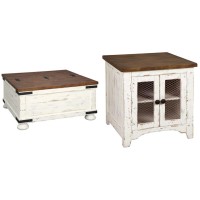 Signature Design By Ashley Wystfield Farmhouse Square Storage Coffee Table And End Table - Distressed White Finish With Storage And Lift Top
