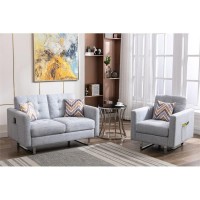 Lilola Home Victoria Light Gray Linen Fabric Loveseat Chair Living Room Set With Metal Legs, Side Pockets, And Pillows