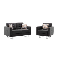 Lilola Home Victoria Dark Gray Linen Fabric Loveseat Chair Living Room Set With Metal Legs, Side Pockets, And Pillows