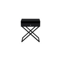 Lilola Home Koda Black Wooden End Side Table Nightstand With Glass Top, Drawer And Metal Cross Base