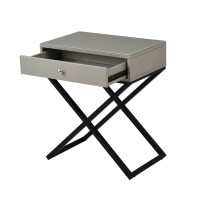 Lilola Home Koda Taupe Wooden End Side Table Nightstand With Glass Top, Drawer And Metal Cross Base
