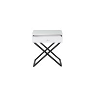 Lilola Home Koda White Wooden End Side Table Nightstand With Glass Top, Drawer And Metal Cross Base