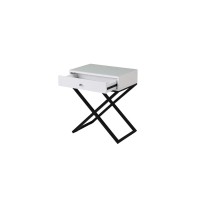 Lilola Home Koda White Wooden End Side Table Nightstand With Glass Top, Drawer And Metal Cross Base