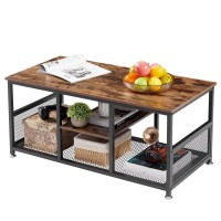 Vecelo Coffee Center Table With Storage For Living Room Office Reception, Modern & Industrial Mesh Shelf, 394 Inch, Vintage Brown