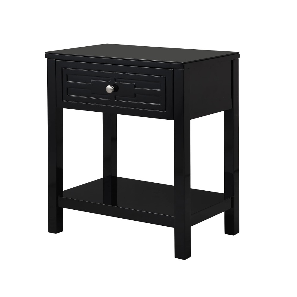 Dylan Wooden End Side Table Nightstand With Glass Top And Drawer (Black)