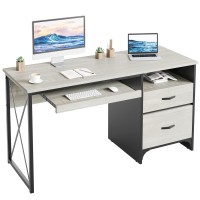 Bestier Industrial Desk With Storage, 55 Inch Computer Desk With Drawers, Writing Study Computer Table Workstation With Keyboard Tray & File Drawer For Home Office, Wash White