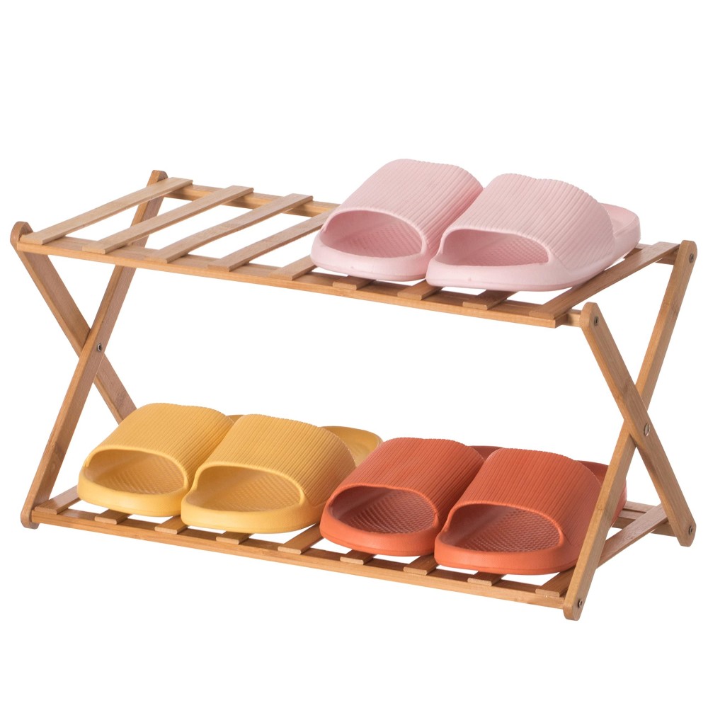 Basicwise Bamboo Foldable Shoe Rack, Free Standing Shoe Organizer Storage Rack (2 Tier), Natural (Qi0043292)