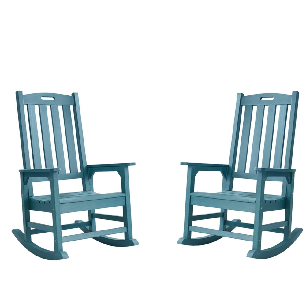 Psilvam Patio Rocking Chairs Set Of 2, Poly Lumber Porch Rocker With High Back, 350Lbs Support Rocking Chairs For Both Outdoor And Indoor, Poly Rocker Chair Looks Like Real Wood (2, Blue)