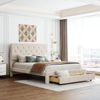 Ampela Queen Size Velvet Upholstered Platform Bed Frame With A Big Drawer, Storage Bed Frame For Bedroom, No Box Spring Required, Beige