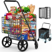450Lbs Capacity Shopping Cart,Upgrade Huge Grocery Cart On Wheels,Heavy Duty Foldable Utility Shopping Carts With Double Basket And 360? Rolling Swivel Wheels For Groceries Laundry Transport 1