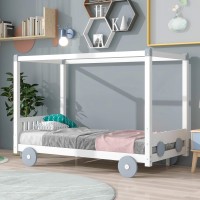 Modern Twin Size Car-Shaped Platform Bed, Wooden Canopy Platform Bed Frame For Kids Teens Boys Girls, Childrenas Bedroom Furniture (White-1)