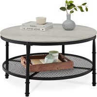 Best Choice Products 2-Tier 355In Round Industrial Coffee Table Rustic Steel Accent Table For Living Room Wwooden Tabletop Reinforced Crossbars Padded Feet Open Shelf Raised Bottom - Gray