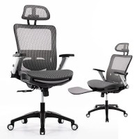 Ergonomic Mesh Office Chair With Footrest, High Back Computer Executive Desk Chair With Headrest And 4D Flip-Up Armrests, Adjustable Tilt Lock And Lumbar Support-Grey