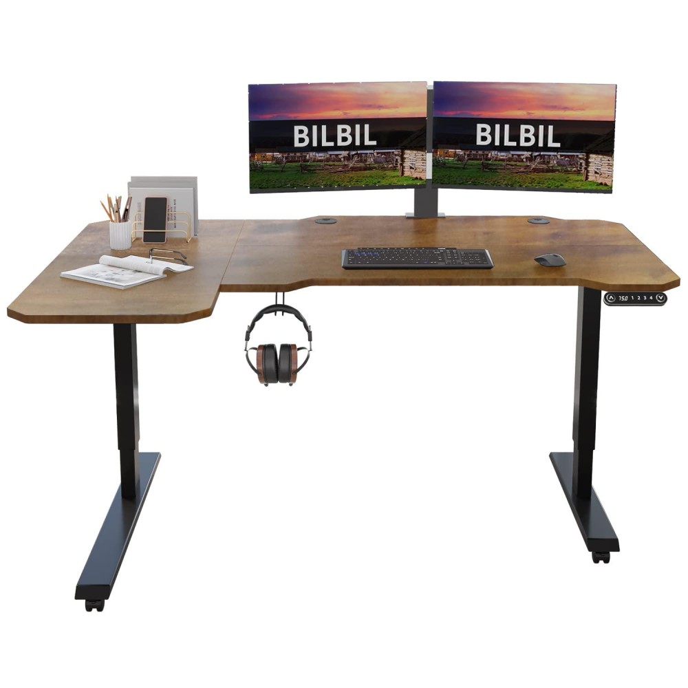 Bilbil L-Shaped Electric Height Adjustable Standing Desk 59 Inches, Stand Up Rising Table For Home Office With Splice Board, Black Frame And Rustic Brown Top