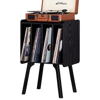 Lelelinky Record Player Stand, Black Vinyl Record Storage Table With 4 Cabinet Up To 100 Albums, Mid-Century Modern Turntable Stand With Wood Legs, Vinyl Holder Display Shelf For Bedroom Living Room