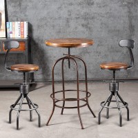 Vintage Bar Table(Height Adjustable 37.4-45.3Inch) And Set Of 2 Bar Stools With Backrest(23-33Inch Height Adjustable) For Kitchen Dinning Room Coffee House Pub Office