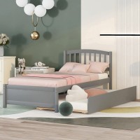 Harper & Bright Designs Wood Platform Bed With Trundle, Twin Size Bed And Trundle Bed, Pine Wood Bed Frame With Headboard For Kids Teens Adults Boys Girls, No Box Spring Needed (Grey), Grey+Trundle