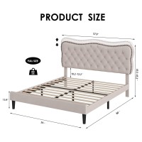 Hostack Full Size Bed Frame, Linen Fabric Upholstered Platform Bed Frame With Adjustable Headboard, Diamond Tufted Mattress Foundation With Wood Slats, Easy Assembly, No Box Spring Needed, Beige