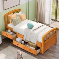 Merax Solid Wood Storage Bed Frame With 6 Drawers, Wooden Slat Support, No Box Spring Needed, Light Oak