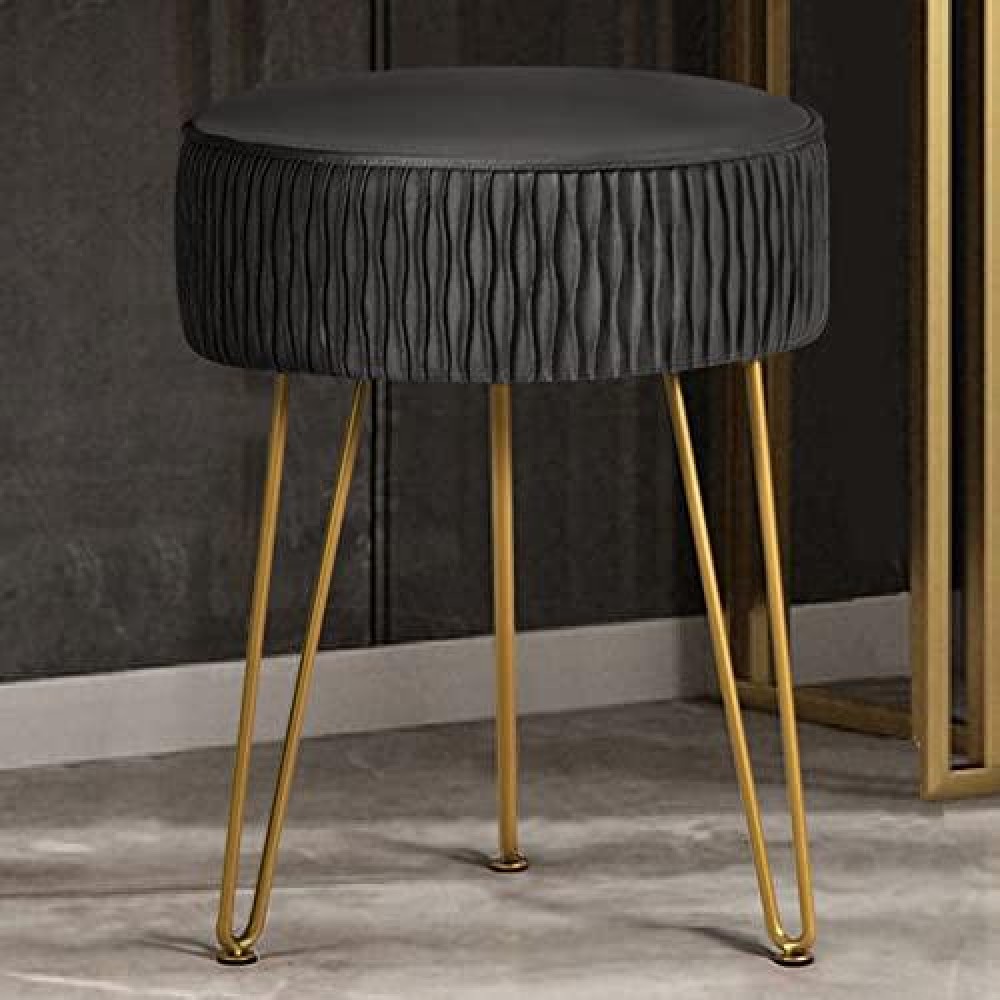 Moowind Vanity Stool For Makeup Room Bedroom, Modern Multifunctional Vanity Stools Chair Round Ottoman Velvet Upholstered Seated Foot Rest Dressing Stool With Golden Leg, Side Table End Table,Black