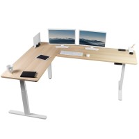 Vivo Electric Height Adjustable 83 X 60 Inch Corner Stand Up Desk, 2 Light Wood Solid Table Tops, Black Frame, Memory Controller, L-Shaped Workstation, 3E Series, Desk-Kit-3E8C
