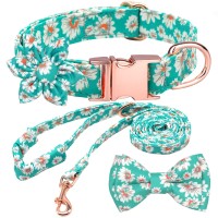 Girl Dog Collar And Leash Sets Including Adjustable Strong Gold Buckle Collars With Beautiful Bowtie And Flower Decoration For Small Medium Large Dogs (M, Light Green Floral)