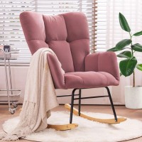 Nioiikit Nursery Rocking Chair Velvet Upholstered Glider Rocker Rocking Accent Chair Padded Seat With High Backrest Armchair Comfy Side Chair For Living Room Bedroom Offices (Pink Velvet)