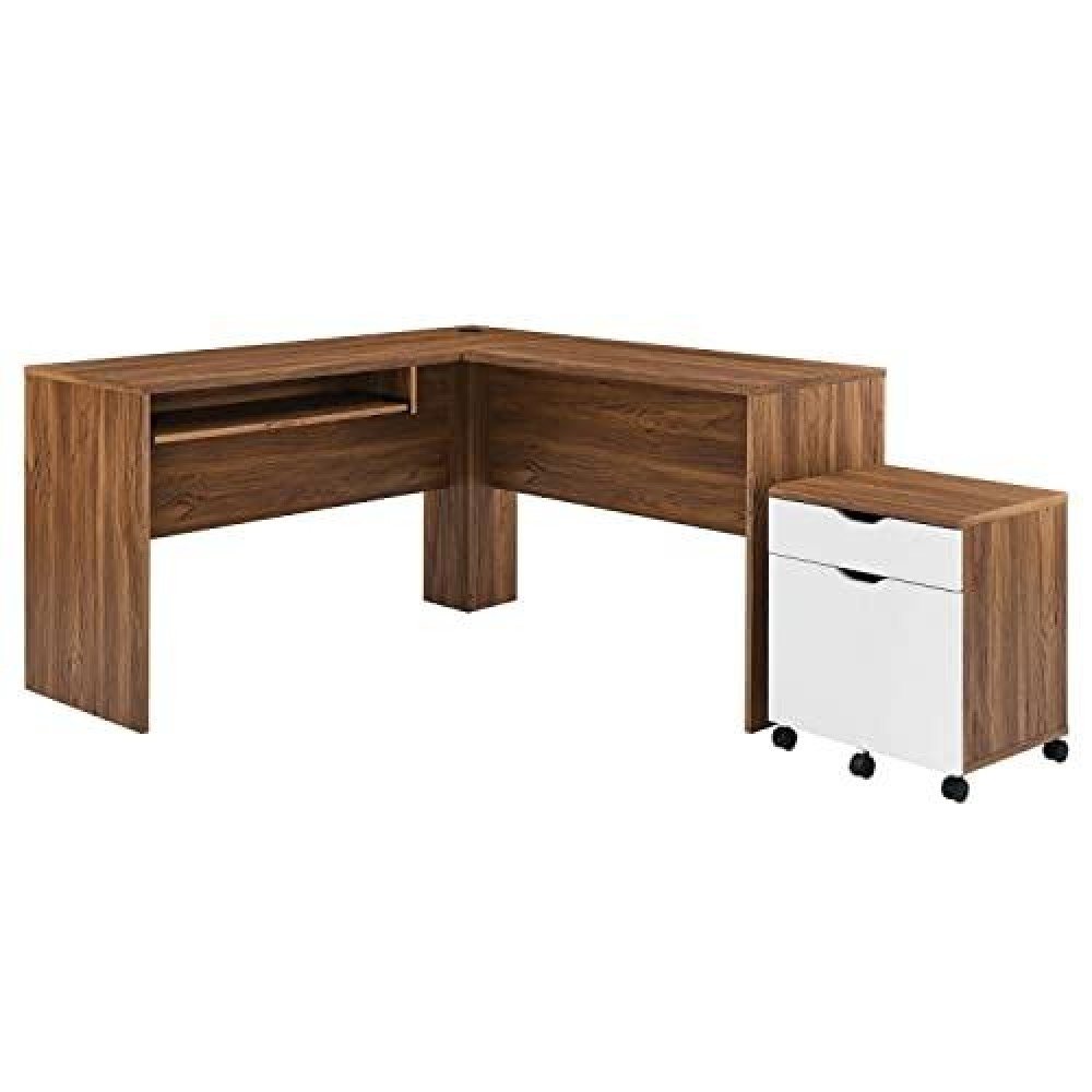 Modway Envision Mid-Century Modern Office Walnut White, Desk And File Cabinet Set