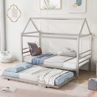 Twin Size Platform Bed, Bedroom Furniture House-Shaped Metal Bed Frame With Trundle And Built-In Headboard & Footboard, For Kids Teens (Silver)