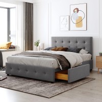 Upholstered Platform Bed With 4 Storage Drawers, Queen Size Wooden Bed Frame With Linen Fabric Button Tufted Headboard, For Bedroom Furniture (Light Gray)
