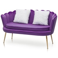 Magshion 52In Tufted Velvet Loveseat With 2 Pillows Living Room Chair Modern Scalloped Back Accent Velvet Upholestered Armchair With Golden Metal Legs, Back Cushion Padded Sofa, Purple