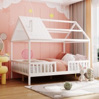 Full Size House Platform Bed, Bedroom Furniture Pinewood House-Shaped Bed Frame With Full-Length Fence, Roof And Chimney, For Kids & Teens (White)
