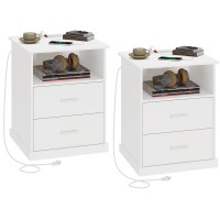 Hasuit Nightstand Set Of 2 With Charging Station Large Side Table With Storage Drawer And Open Cubbywhite Bedside End Table For Bedroom Living Roomwider Tabletop 19.0 X 15.0