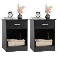 Fotosok Nightstand, Set Of 2, 2-Tier Side Table With Drawer And Storage Shelf, Bedside Table End Table, Modern Night Stand For Bedroom, Living Room, Home Office,Black