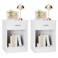 Fotosok Nightstand, Set Of 2, 2-Tier Side Table With Drawer And Storage Shelf, Bedside Table End Table, Modern Night Stand For Bedroom, Living Room, Home Office,White