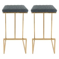 Leisuremod Quincy Quilted Stitched Leather Kitchen Counter Bar Stools With Gold Metal Frame Set Of 2 (Peacock Blue)