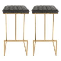 Leisuremod Quincy Quilted Stitched Leather Kitchen Counter Bar Stools With Gold Metal Frame Set Of 2 (Grey)