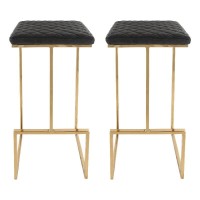 Leisuremod Quincy Quilted Stitched Leather Kitchen Counter Bar Stools With Gold Metal Frame Set Of 2 (Charcoal Black)