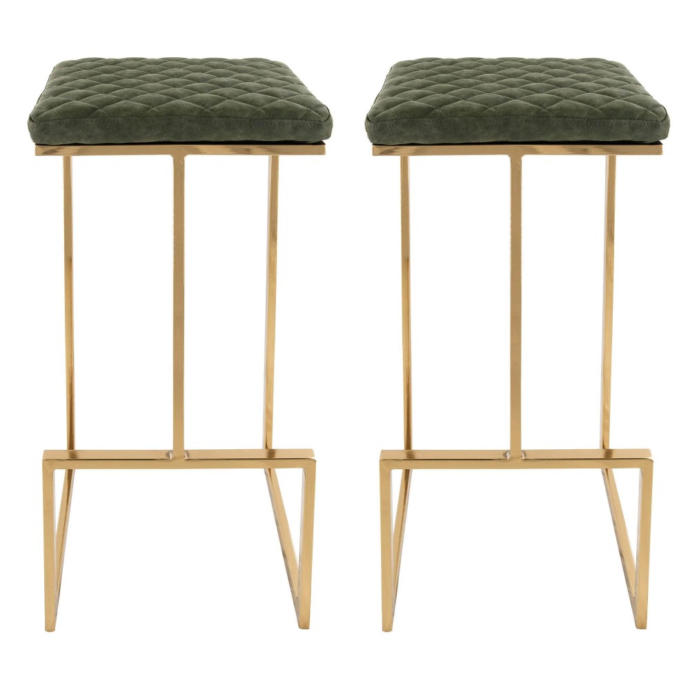 Leisuremod Quincy Quilted Stitched Leather Kitchen Counter Bar Stools With Gold Metal Frame Set Of 2 (Olive Green)