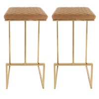 Leisuremod Quincy Quilted Stitched Leather Kitchen Counter Bar Stools With Gold Metal Frame Set Of 2 (Light Brown)