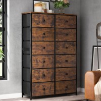 Enhomee 12 Drawer Dresser With Wooden Top And Metal Frame, Tall Fabric Dresser & Chest Of Drawers For Bedroom Closet Living Room, Rustic Brown, 11.8 D X 34.7 W X 52.4 H
