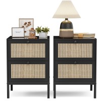 Ikifly Rattan Nightstand Set Of 2 End Side Table With 2 Handmade Natural Rattan Drawers Accent Bedside Table With Storage For Bedroom Living Room - Black